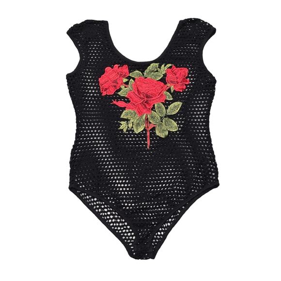 Papermoon Black Crochet w. Floral Red Rose Patched Sleeveless Tank Top Bodysuit - Picture 1 of 8